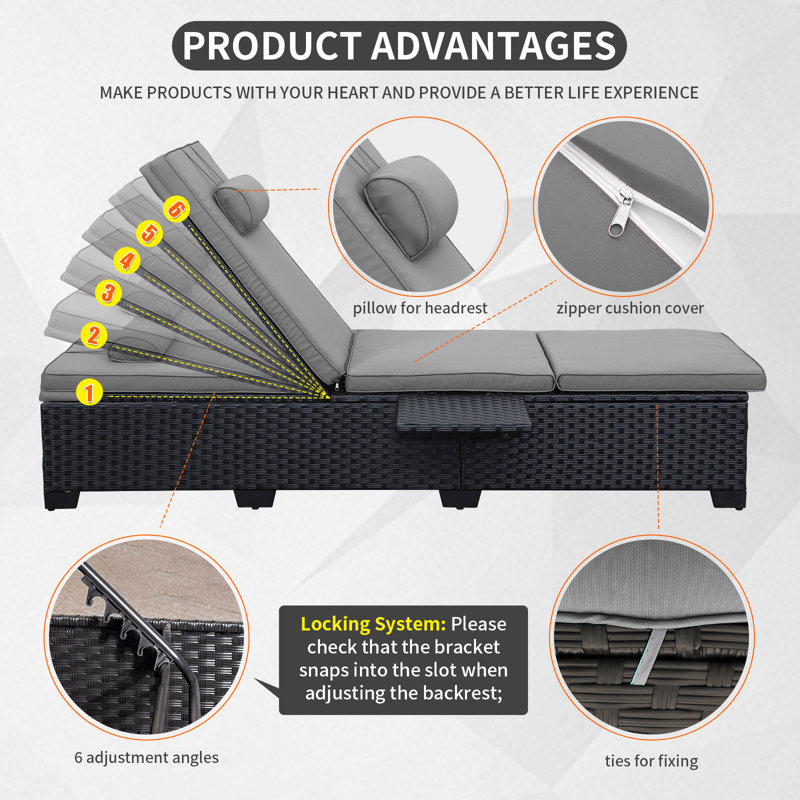 Persei Outdoor Wicker Chaise Lounge with Foldable Side Table, Gray
