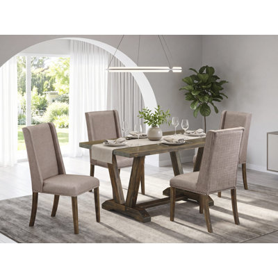 L'ensemble de salle à manger 5 pièces se compose d'une table moderne et de 4 chaises de salle à manger en lin kaki foncé avec dossier haut - finition jacobine patinée