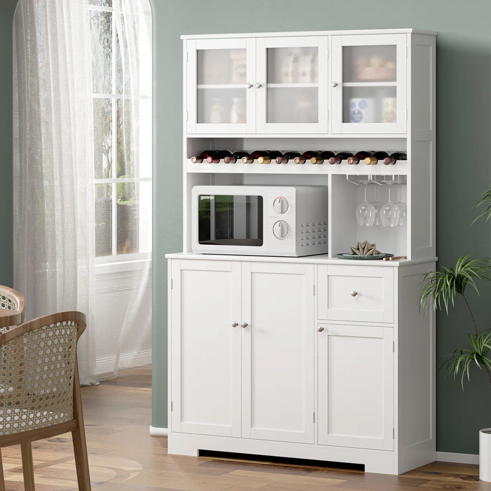 Wade Logan® Bloemer 70.9'' Kitchen Pantry with Glass Doors, Microwave ...