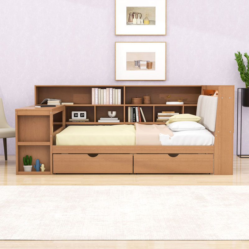 Lit de jour en bois avec bureau et tablettes et lumière DEL et 2 tiroirs, Complet/Double, Dérive en mer