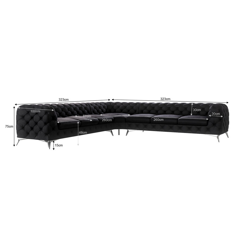 Chesterfield Corner Sofa L-Shape  with Silver Metal Legs, 75cm H x 264cm W x 323cm D, Left Hand Facing, Black