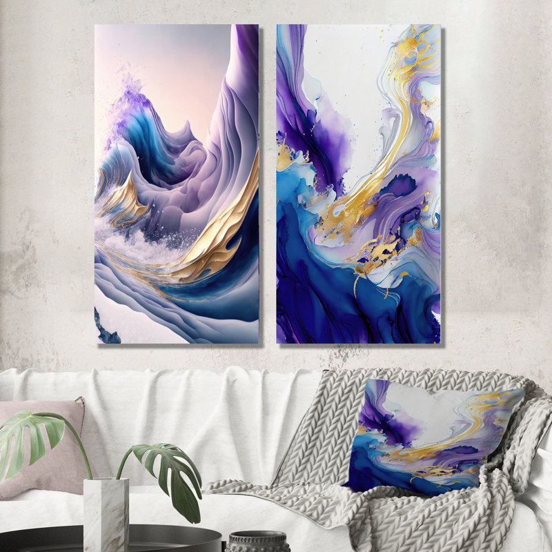 «Blue, Gold and Purple Splash Paint IV», 2 pièces sur toile, Toile tendue, H 32 po x l 32 po