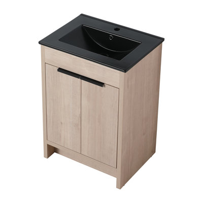 Meuble-lavabo autoportant de 24 po avec lavabo en céramique noire et armoire à fermeture en douceur - portes en contreplaqué de conception moderne