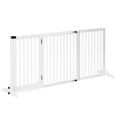 Barrière réglable en bois pour animaux de compagnie. Autoportant, 3 panneaux. Barrière, porte verrouillable. Blanc. Convient aux espaces de 44,5 po à 64,2 po. Pour vestibule, porte, escalier 64,2 po. Panneaux, porte, barrière. Hall d'entrée.