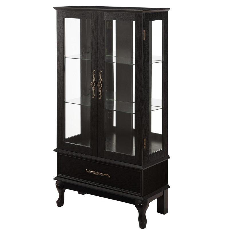 2 Door Wine Curio Cabinet With Integrated Lighting, Adjustable Shelves, Black Finish, Mirrored Back And Vintage Handles - Add Style To Your Home Lighting System, Hidden Drawer Sophisticated Decor