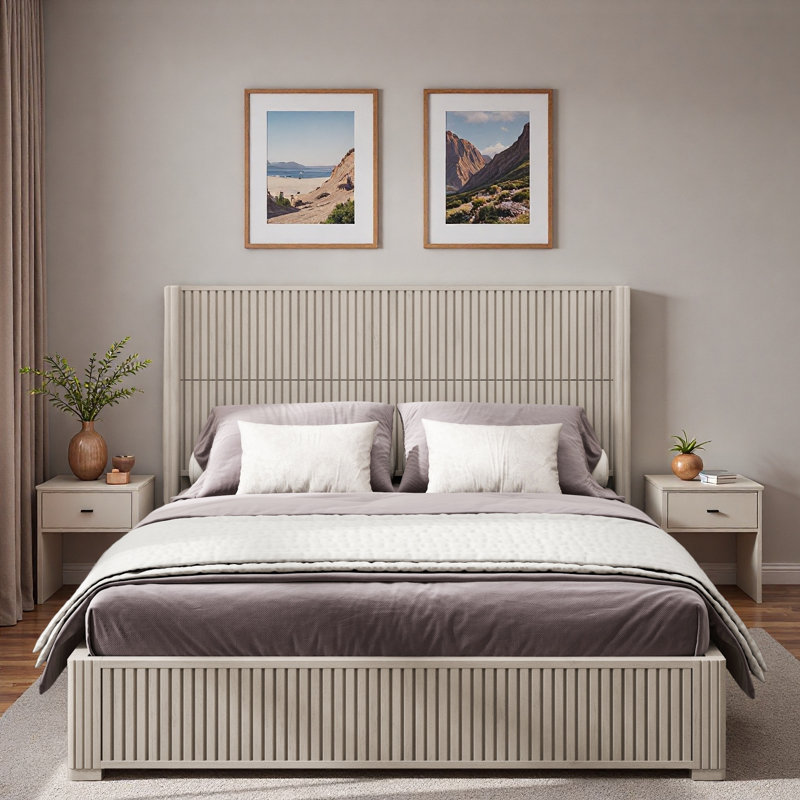 Lit plateforme en bois avec décoration grain de bois vertical, Beige, Grand lit