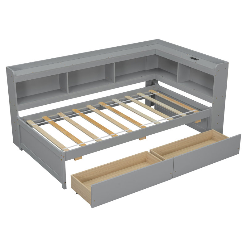 Lit en forme de L avec bibliothèques avec prises de courant, ports de chargement USB, deux tiroirs, Lit simple, Gris