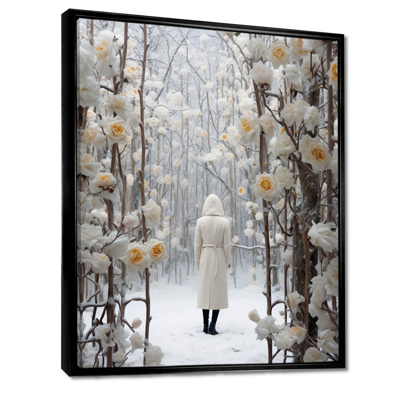 Portail d'hiver avec roses blanches, H 20 po x l 12 po x P 1 po, Toile avec cadre flottant noir