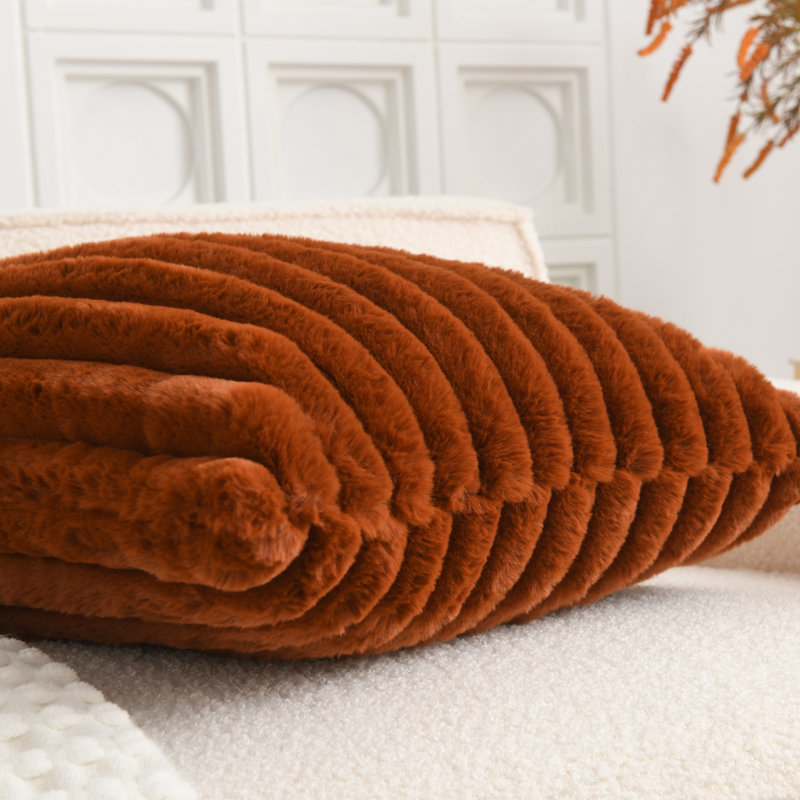 Soft Cozy Faux Rabbit Fur Throw Pillow Covers Striped Decorative  Cushion Covers, Square 20", Brown