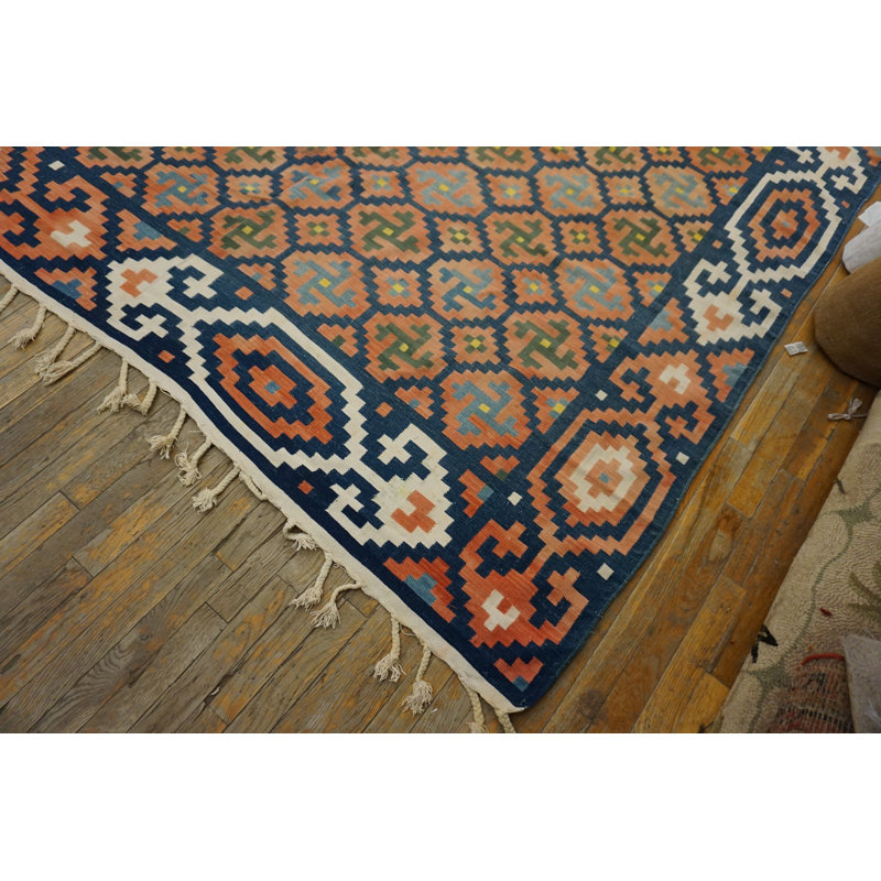 Tapis tissé à plat à motif géométrique antique de grande taille Dhurrie