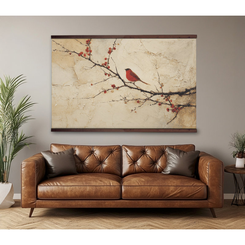 «Red Bird on Branch», art mural sur toile, H 32 po x l 48 po
