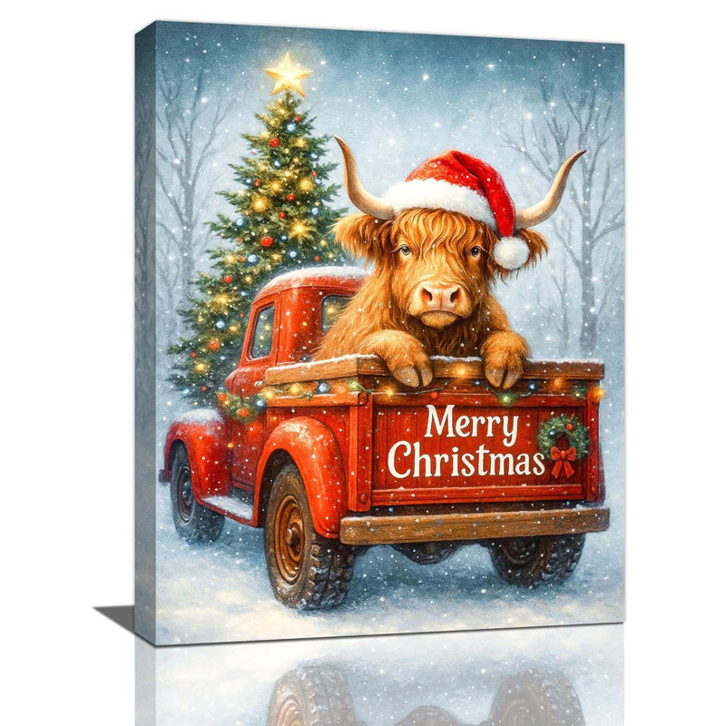 Winter Merry Christmas Highland Cow Wall Art 30x40cm