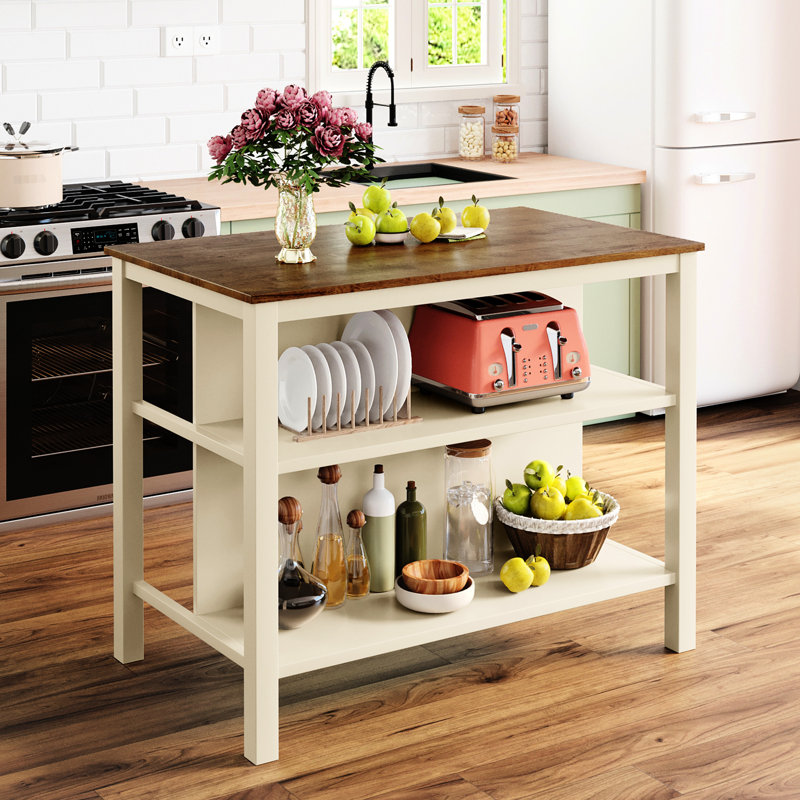 Rustic Solid Wood Dining Table Island - 45" Walnut And Cream White 2 Open Shelves For Compact Spaces Kitchen In Design Top Frame With Small Areas