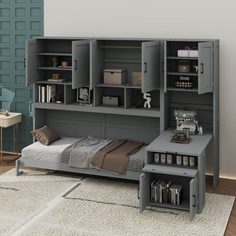 Lit escamotable compact avec placard intégré, tiroirs et bureau, gris