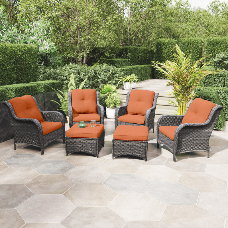 Wicker 4-Person Patio Conversation Set with Cushions and Ottoman, Orange