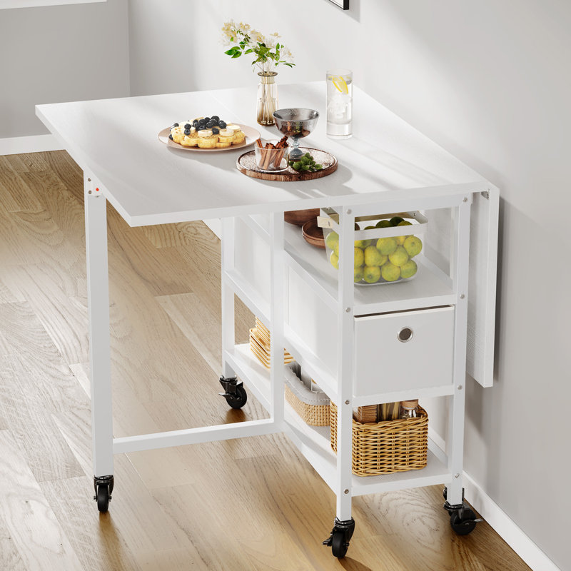  Folding Dining Table, Mobile Drop Leaf Table With 6 Wheels & Storage Drawers For Small Spaces, Kitchen, Dining Room, White