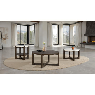 Transitional Style 3Pc Table Set 1X 42" Cocktail Table 1X 25" Cocktail Table 1X End Table Stone/Wood Top Open Bottom Shelf Trestle Base Dark Walnut Finish