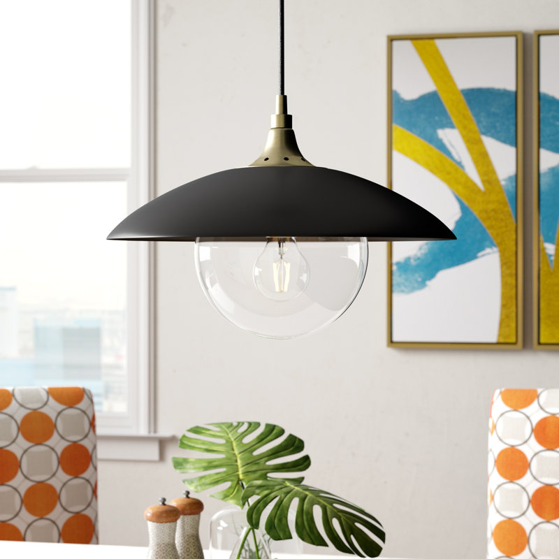 Luminaire suspendu en forme de dôme à 1 lumière Morine, Noir mat / laiton, Transparent