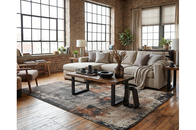 industrial-style living room in a loft apartment with exposed brick walls