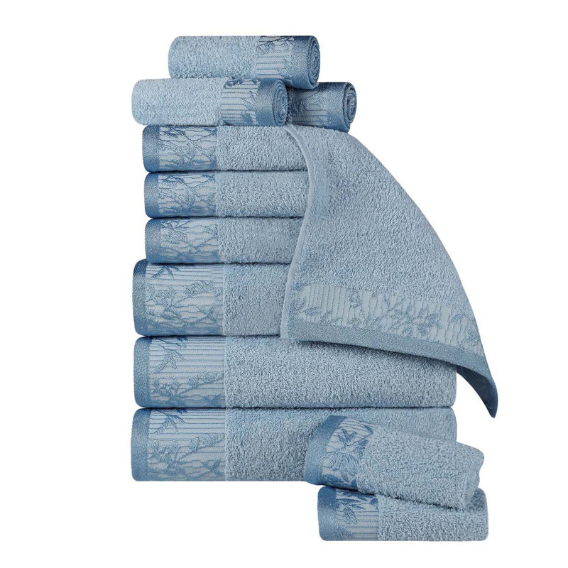 Carinna Cotton Medium Weight Floral Jacquard Border Assorted Bathroom Towel Set, Waterfall, 12 Piece Towel Set