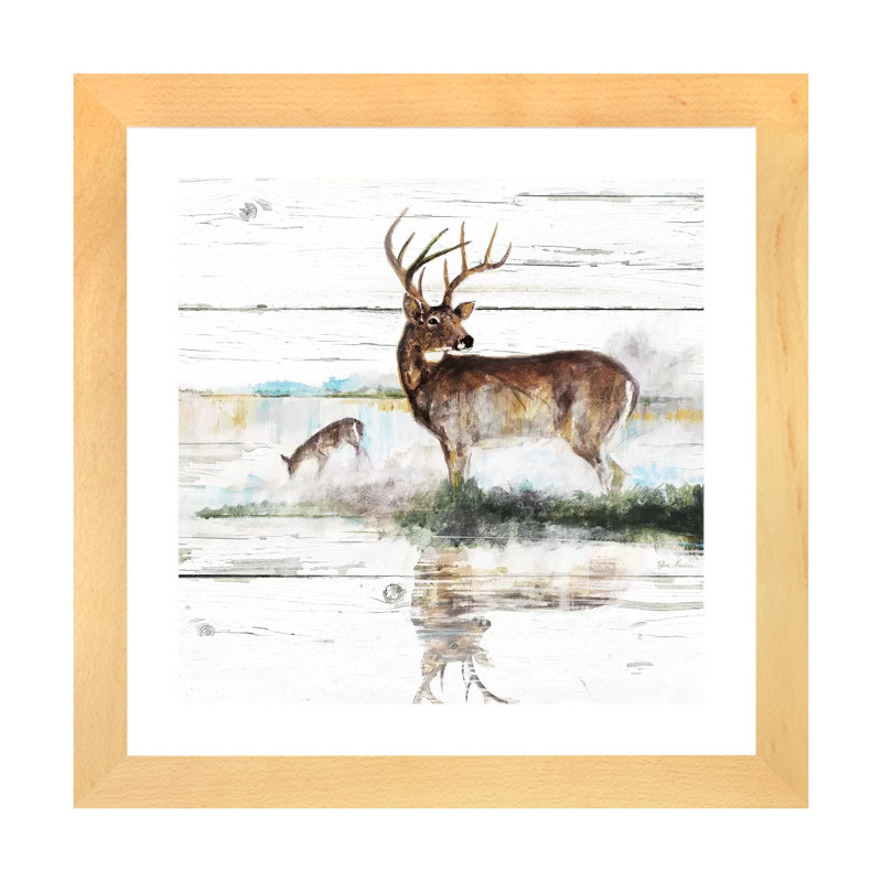 «Rustic Misty Deer» par Ruane Manning - reproduction d'art, H 24 po x l 24 po x P 1 po, Papier avec cadre beige, Blanc