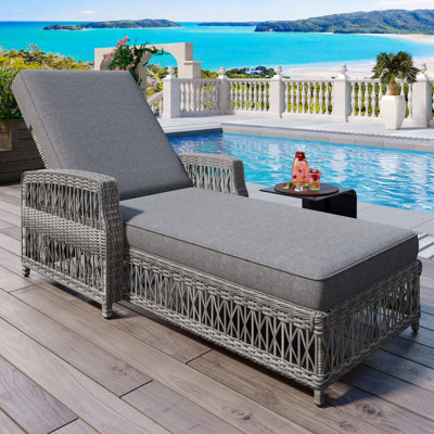 Outdoor Long Reclining Chaise, Wicker Lounge with Armrests, Patio Adjustable Recliner with Soft Removable Cushions, All Weather Rattan Pool Lounge for Poolside & Garden, Gray