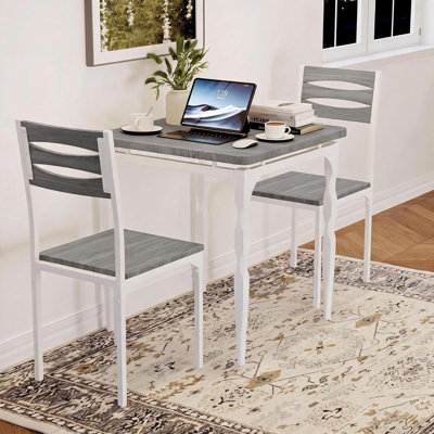 Ensemble de table de salle à manger 3 pièces pour 2 personnes - Mobilier de cuisine et salle à manger moderne avec pieds en spirale, idéal pour les appartements - Panneau de fibres à densité moyenne durable - Tube blanc et finition gris délavé