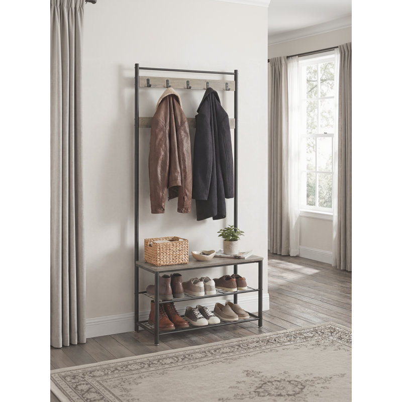 Coat Rack, Hall Tree with Shoe Storage Bench, 32 x 70 x 175 cm, Industrial, Greige