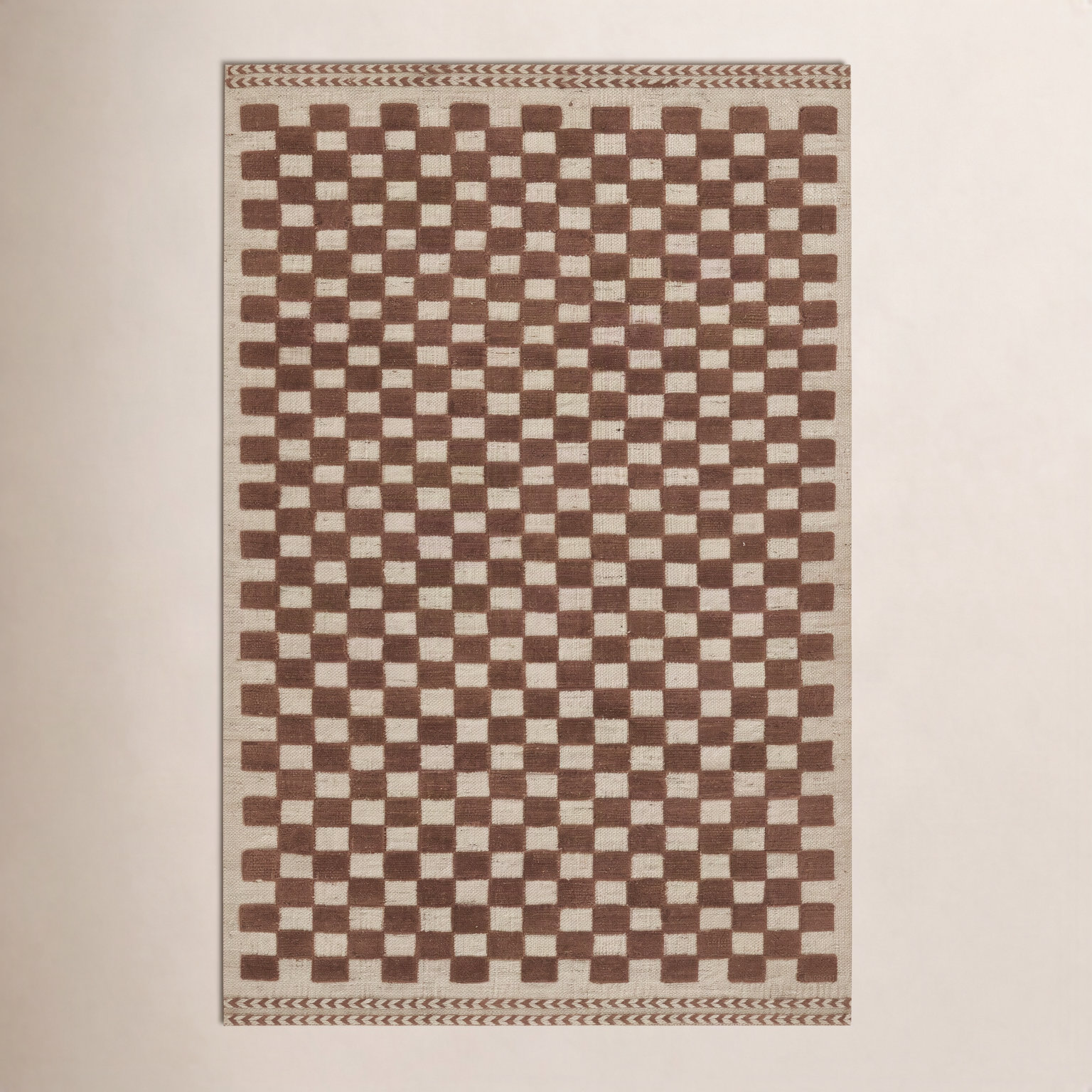 Azle Brown Beige Hand-Woven Checkered Wool Rug, Rectangle 8' x 10'