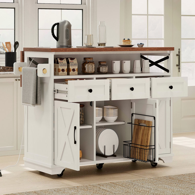 46.5'' Farmhouse Kitchen Island With Drape Of Beads, Power Outlet, Rolling Kitchen Cart On Wheels With Drop Leaf, 3 Doors , 3 Drawers And Internal Iron Shelf, For Kitchen, Dining Room
