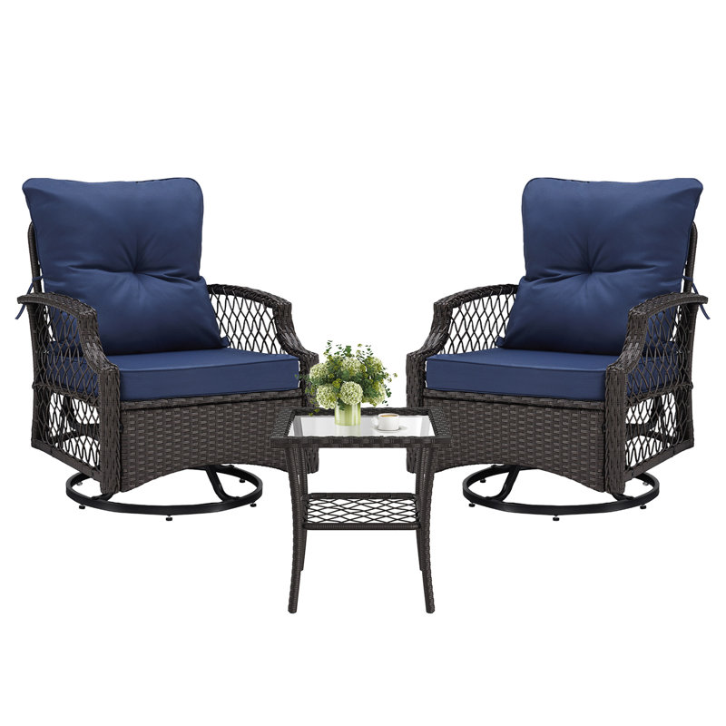 3-Piece Patio Furniture Set, Wicker Outdoor Bistro Set Swivel Glider Patio Chairs x 2 with Cushions, Side Table x 1, High Back All-Weather Rattan Outdoor Furniture for Porch, Backyard