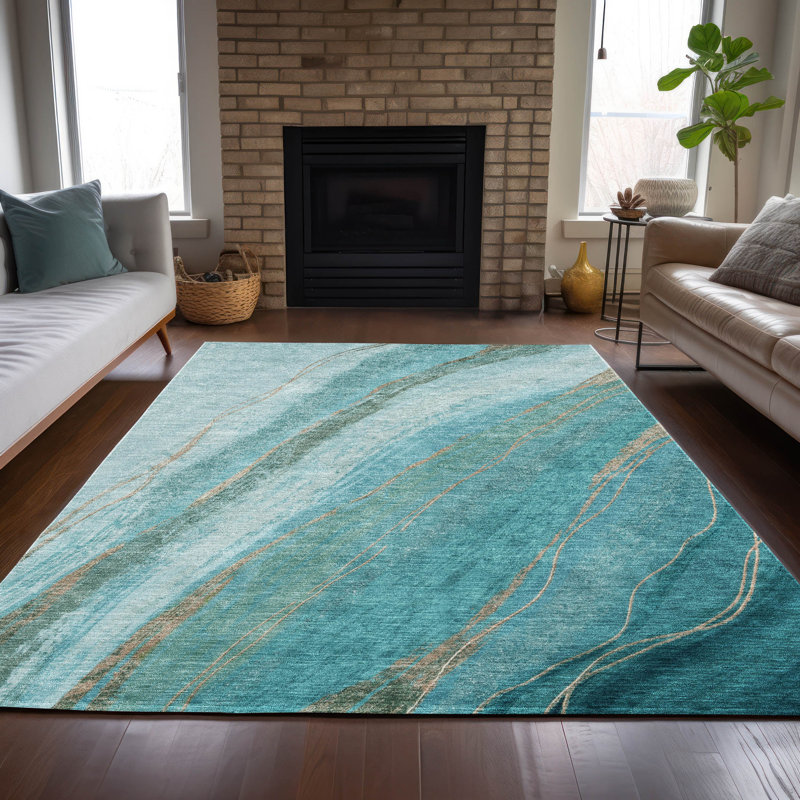 Tapis turquoise intérieur / extérieur lavable à la machine, Rectangle 2 pi 6 po x 3 pi 10 po
