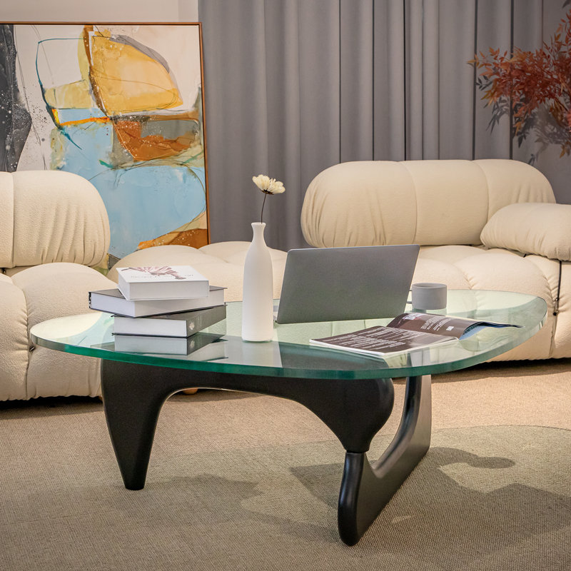 Table basse triangulaire en verre avec base en bois et plateau en verre transparent Mid-Century, Noir