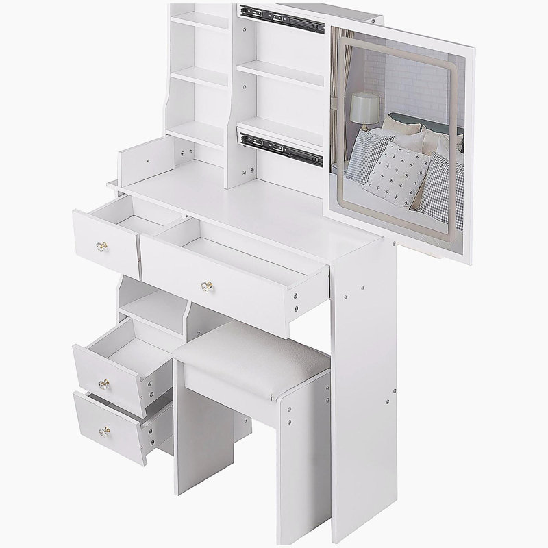 29.2" Small Size Left Drawer Desktop Vanity Table + Cushioned Stool, Large Sliding, Touch Control, Tri-color Switching, Brightness Adjust LED Mirror, High Capacity Storage, Suitable for Small Space