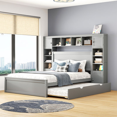 Queen Size Wooden Bed With All-in-One Cabinet, Shelf and Sockets,Twin XL Trundle, Gray