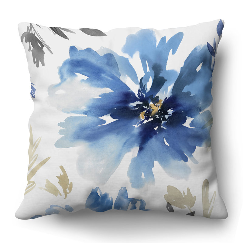 Coussin floral avec polyester de qualité supérieure, Blanc / Indigo, Carré H 16 po x l 16 po