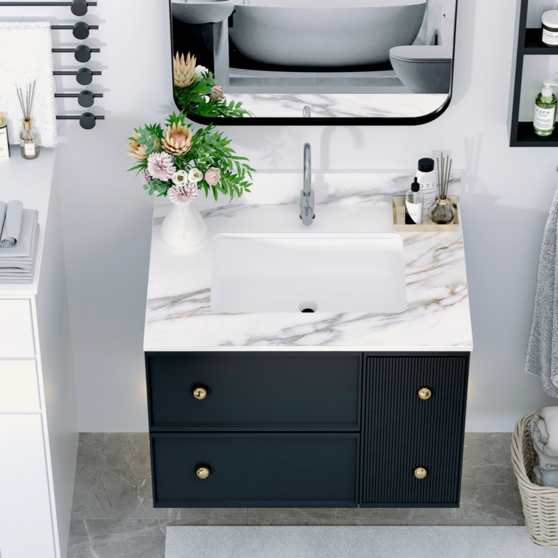 31 Inch Marble Vanity Top, Bathroom Vanity Top With Undermount Rectangular Middle Sink And 4" Height Backsplash, Pre-Drilled Faucet Hole  Vanity Top, Carrara White With Veins