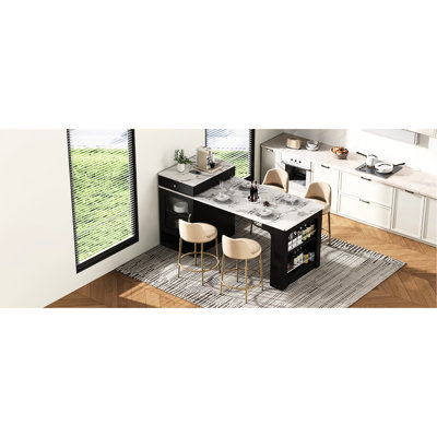 Classic 59.5" Kitchen Island With Extendable Dining Table, Double - Sided Storage, And Two Mobile For Flexible Home Use Large 10.2 41.8" Drawers, Glass Cabinet Door Elegant Look
