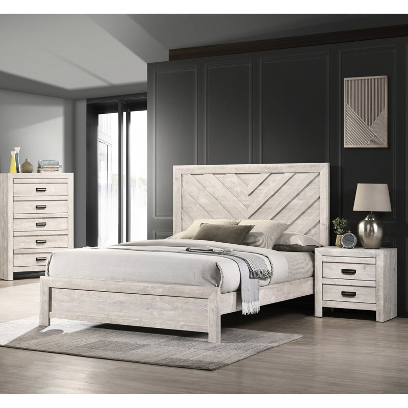 Lit double rustique gris beige avec motif géométrique uni - Mobilier de chambre à coucher