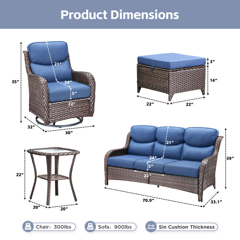 Ensemble de conversation d'extérieur en rotin 9 pièces avec canapé et chaises pivotantes 9 pièces, Bleu, Brun