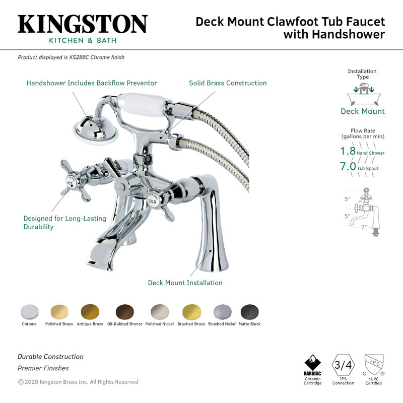 Robinet de baignoire sur pattes à 3 poignées et 2 poignées à fixation sur le comptoir avec douche à main Kingston Brass Essex
