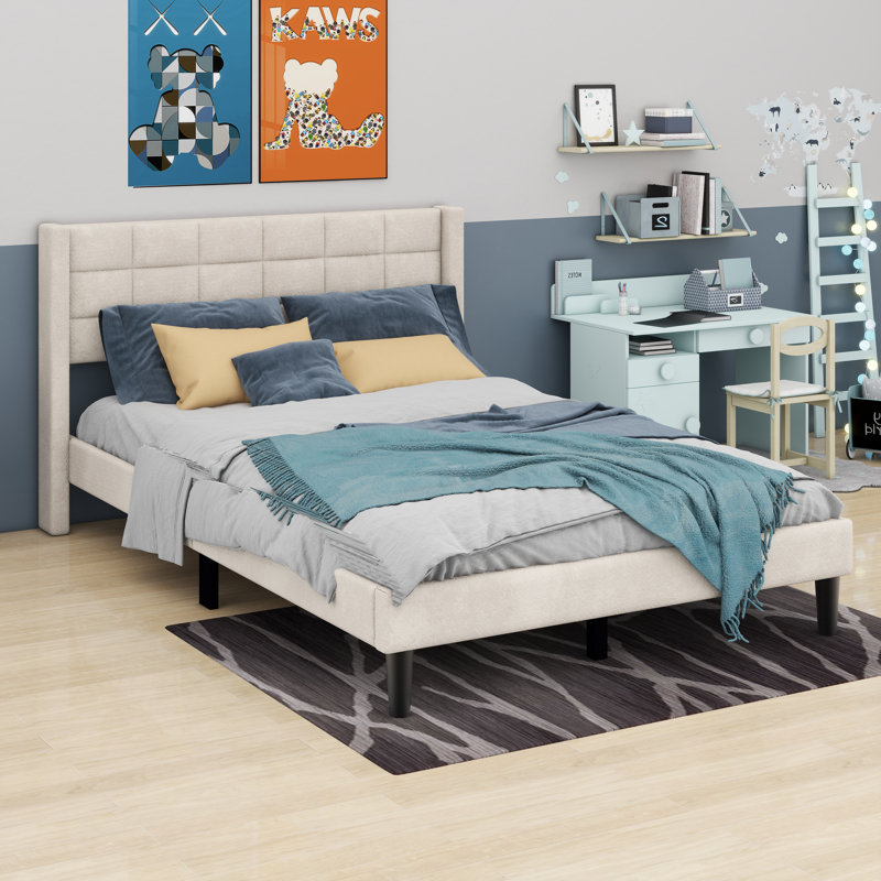 Queen Size Upholstered Platform Bed With Support Legs, Beige