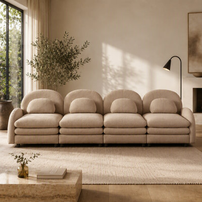 Canapé Teddy en tissu doux à 4 places en forme de nuage avec dossier incurvé, coussins lombaires, support de coussin double couche et flexibilité modulaire.