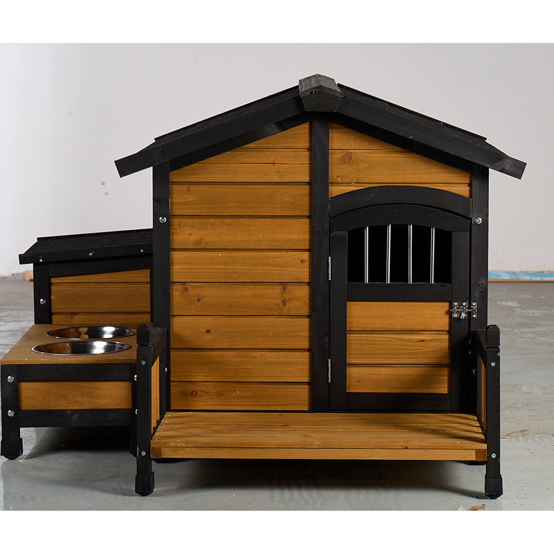 Grande niche pour chien avec plateforme d'alimentation surélevée, boîte de rangement latérale et porte verrouillable - maison en bois de sapin pour petits et moyens chiens, porche de chenil pour animaux de compagnie jaune, toit en asphalte, plateforme
