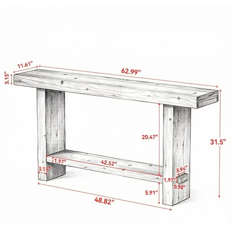 Console 62,99 "en bois rustique, table d'appoint étroite avec tablette inférieure ouverte pour le vestibule et le salon