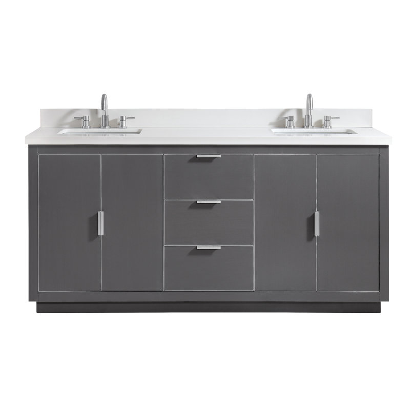 Salise 73 " W Freestanding Standard Double Vanity Bathroom Vanity With Top, White Quartz/Silver, Twilight Gray