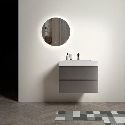 Meuble-lavabo gris 30 po avec lavabo, grand meuble-lavabo mural flottant pour salle de bain moderne, lavabo une pièce blanc sans bonde ni robinet