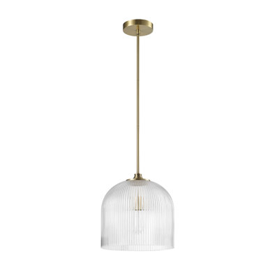 1-Light Ribbed Glass Pendant Light with Matte Brass Accents