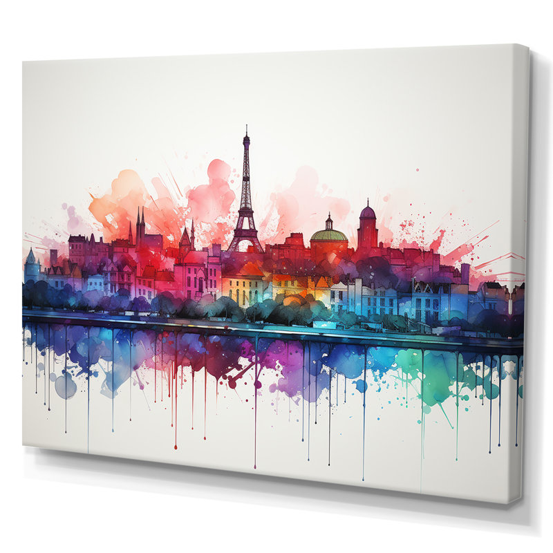 «Paris Skyline Eiffel Tower Vibrant Watercolor», reproduction sur toile, Toile tendue, H 30 po x l 40 po