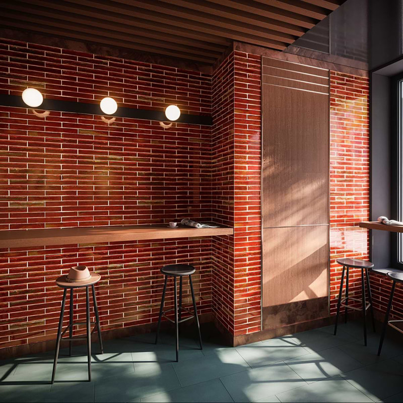 Komorebi Brick Bonfire Red 2X12 Subway Look Polished Glass Tile